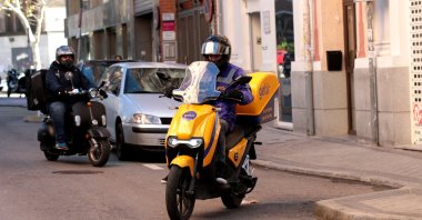 A Getir courier is seen on a street in Madrid, Spain, Dec. 30, 2021. (AA Photo)