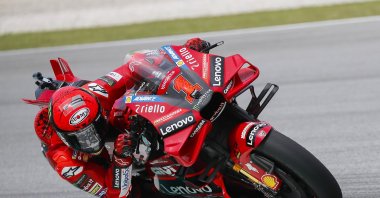 Italian MotoGP rider Francesco Bagnaia of Ducati Lenovo Team in action during the first practice session of the Malaysia Motorcycling Grand Prix 2023 at the Petronas Sepang International Circuit, Sepang, Malaysia, Nov. 10, 2023. (EPA Photo)