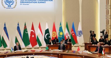 President Recep Tayyip Erdoğan makes a speech at the 16th Economic Cooperation Organization Summit in Tashkent, Uzbekistan, Nov. 9, 2023. (Reuters Photo)