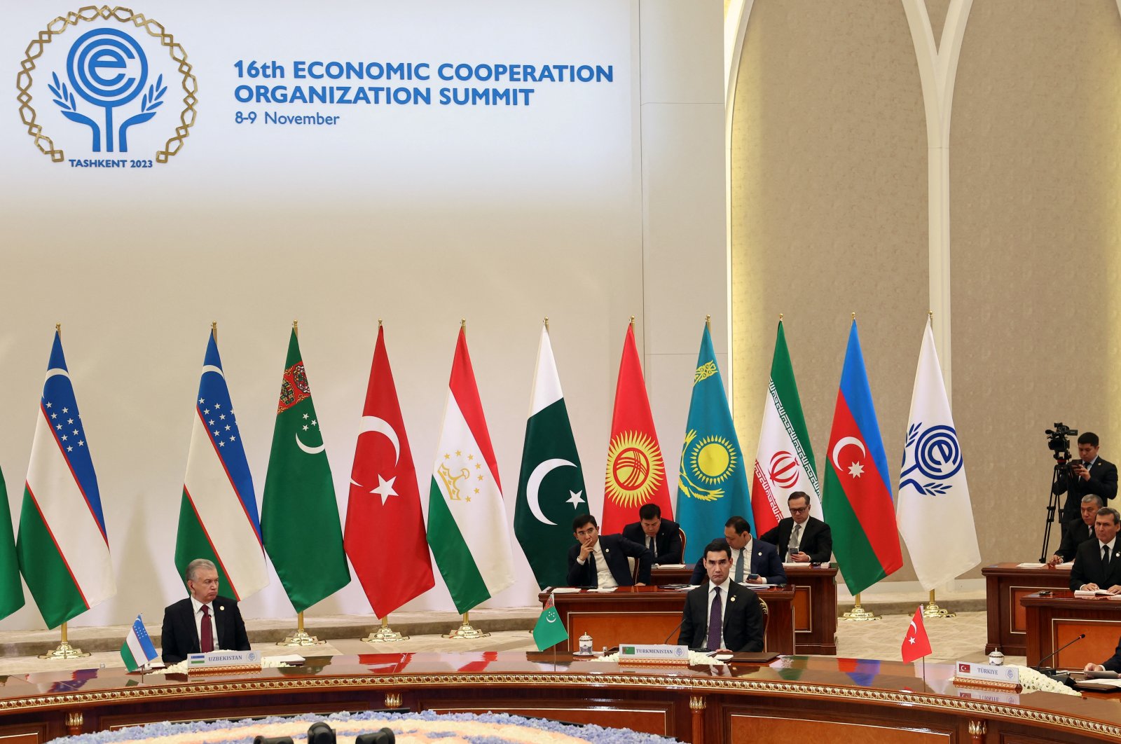 President Recep Tayyip Erdoğan makes a speech at the 16th Economic Cooperation Organization Summit in Tashkent, Uzbekistan, Nov. 9, 2023. (Reuters Photo)