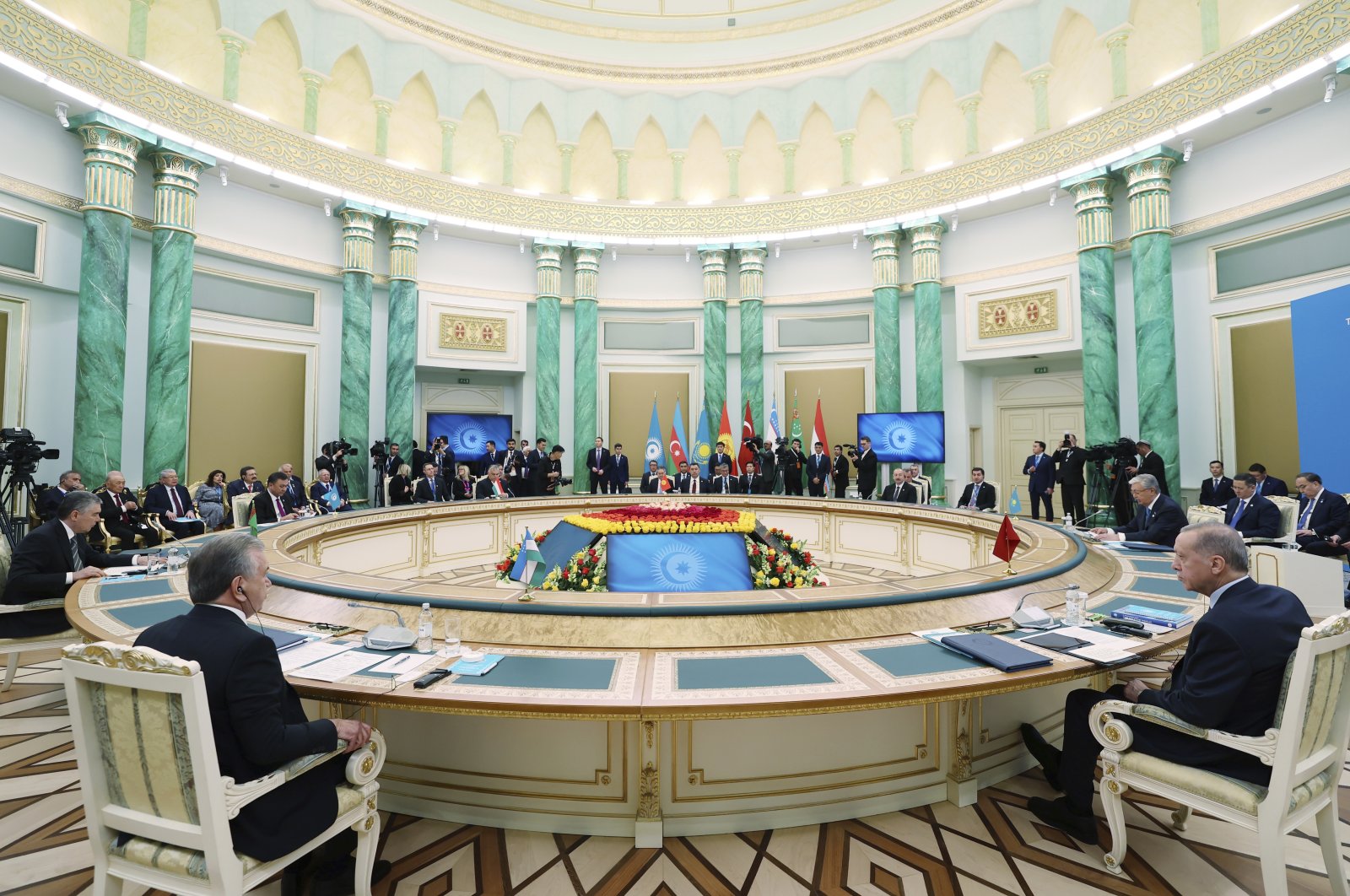 President Recep Tayyip Erdoğan (R) attends the 10th summit of the Organization of Turkic States (OTS) in Astana, Kazakhstan, Nov. 3, 2023. (AP Photo)