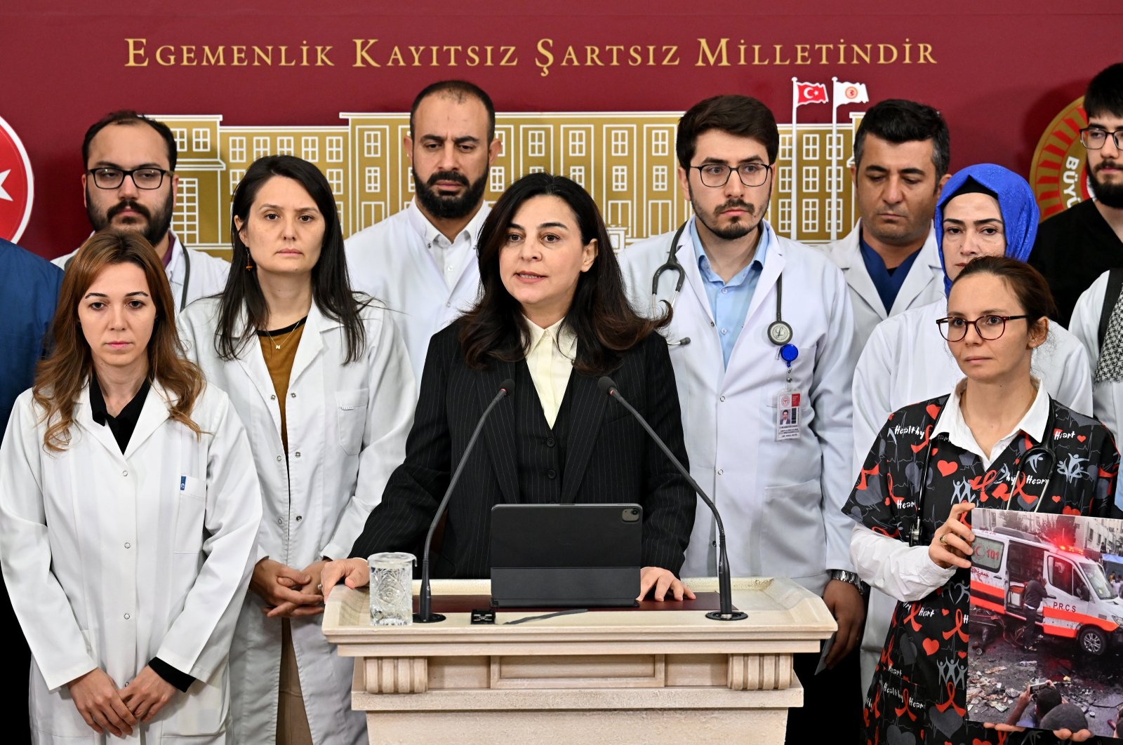 Governing Justice and Development Party (AK Party) Istanbul MP Müşerref Pervin Tuba Durgut at a press conference with doctors and health care workers at Parliament in the capital Ankara, Türkiye, Nov. 10, 2023. (AA Photo)