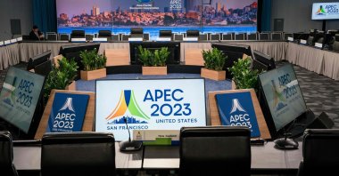 The APEC 2023 logo before the start of the Concluding Senior Officials Meeting at the APEC Summit, San Francisco, California, U.S., Nov. 11, 2023. (AFP Photo)