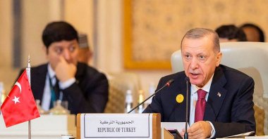 President Recep Tayyip Erdoğan speaks at the Arab League-Organisation of Islamic Cooperation (OIC) meeting, Riyadh, Saudi Arabia, Nov. 11, 2023. (AFP Photo)