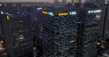 This aerial photo taken shows the logo of Alibaba on an office building in Nanjing, in eastern Jiangsu province, China, Oct. 29, 2023. (AFP Photo)