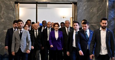 IP leader Meral Akşener (C) heads for a meeting of her party at Parliament, in the capital Ankara, Türkiye, Nov. 8, 2023. (AA Photo)