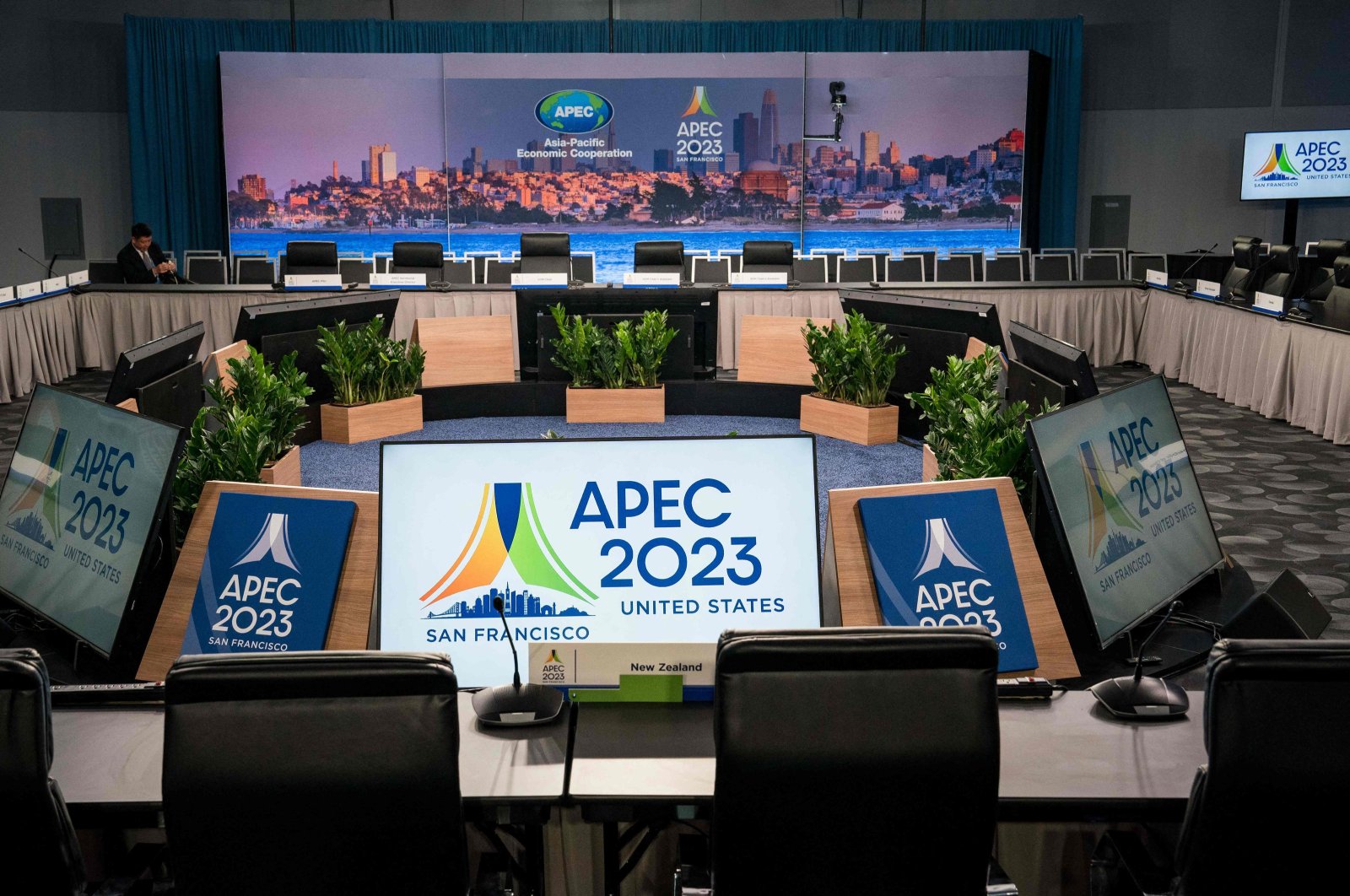 The APEC 2023 logo before the start of the Concluding Senior Officials Meeting at the APEC Summit, San Francisco, California, U.S., Nov. 11, 2023. (AFP Photo)