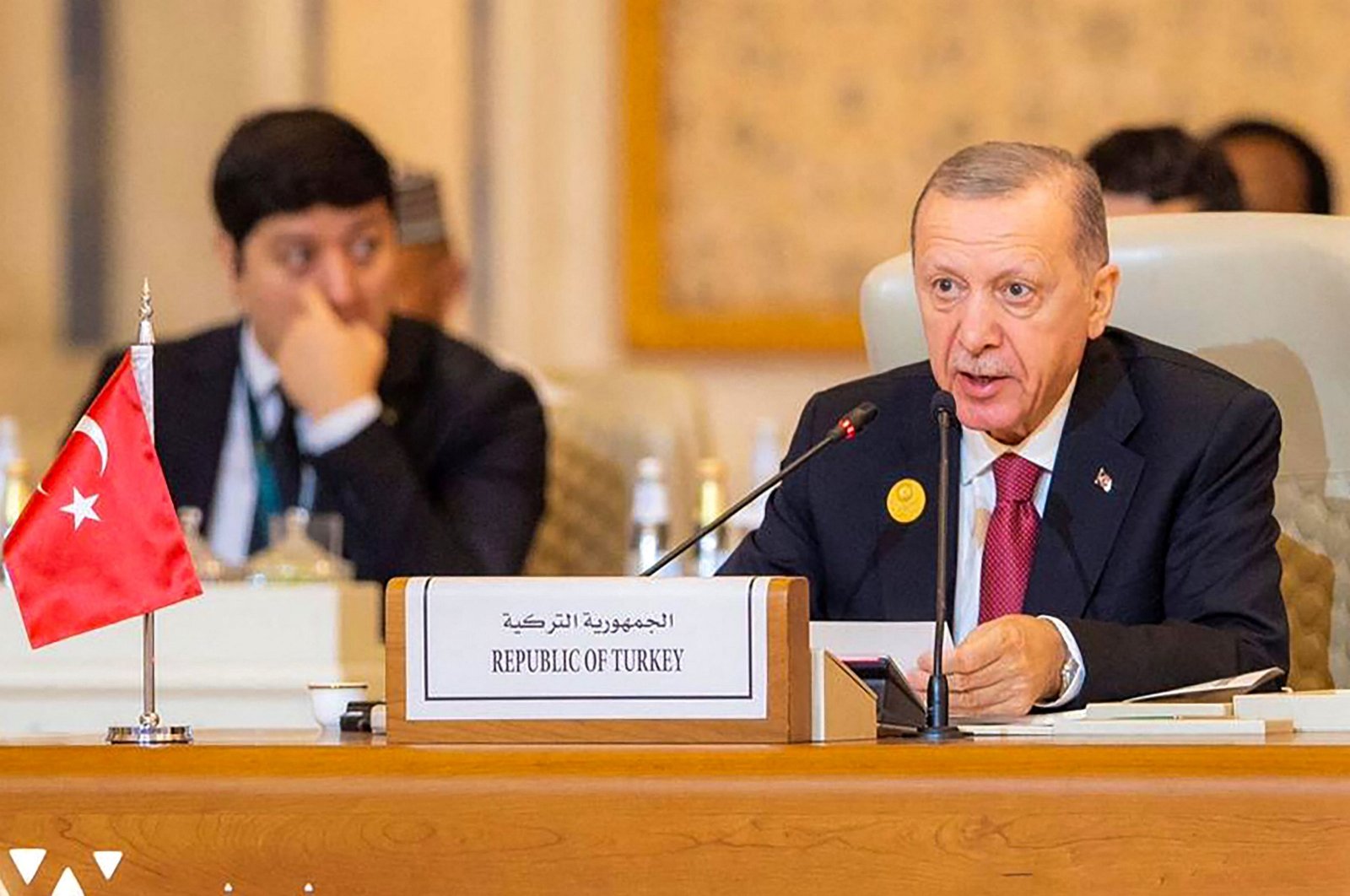 President Recep Tayyip Erdoğan speaks at the Arab League-Organisation of Islamic Cooperation (OIC) meeting, Riyadh, Saudi Arabia, Nov. 11, 2023. (AFP Photo)
