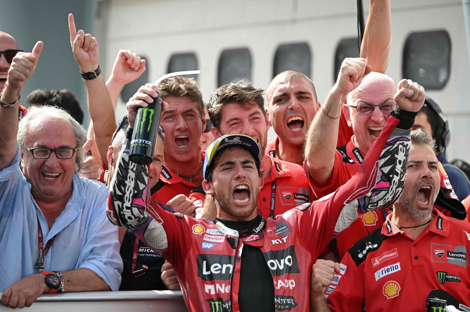 Winner Ducati Lenovo Team&#039;s Italian rider Enea Bastianini celebrates with his team after the MotoGP Malaysian GP, Sepang, Malaysia, Nov. 12, 2023. (AFP Photo)