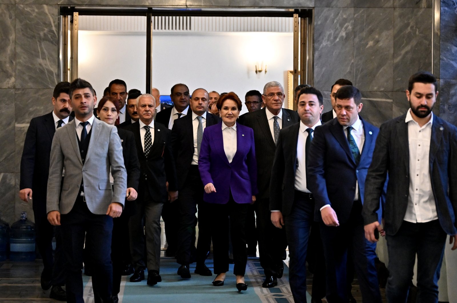 IP leader Meral Akşener (C) heads for a meeting of her party at Parliament, in the capital Ankara, Türkiye, Nov. 8, 2023. (AA Photo)