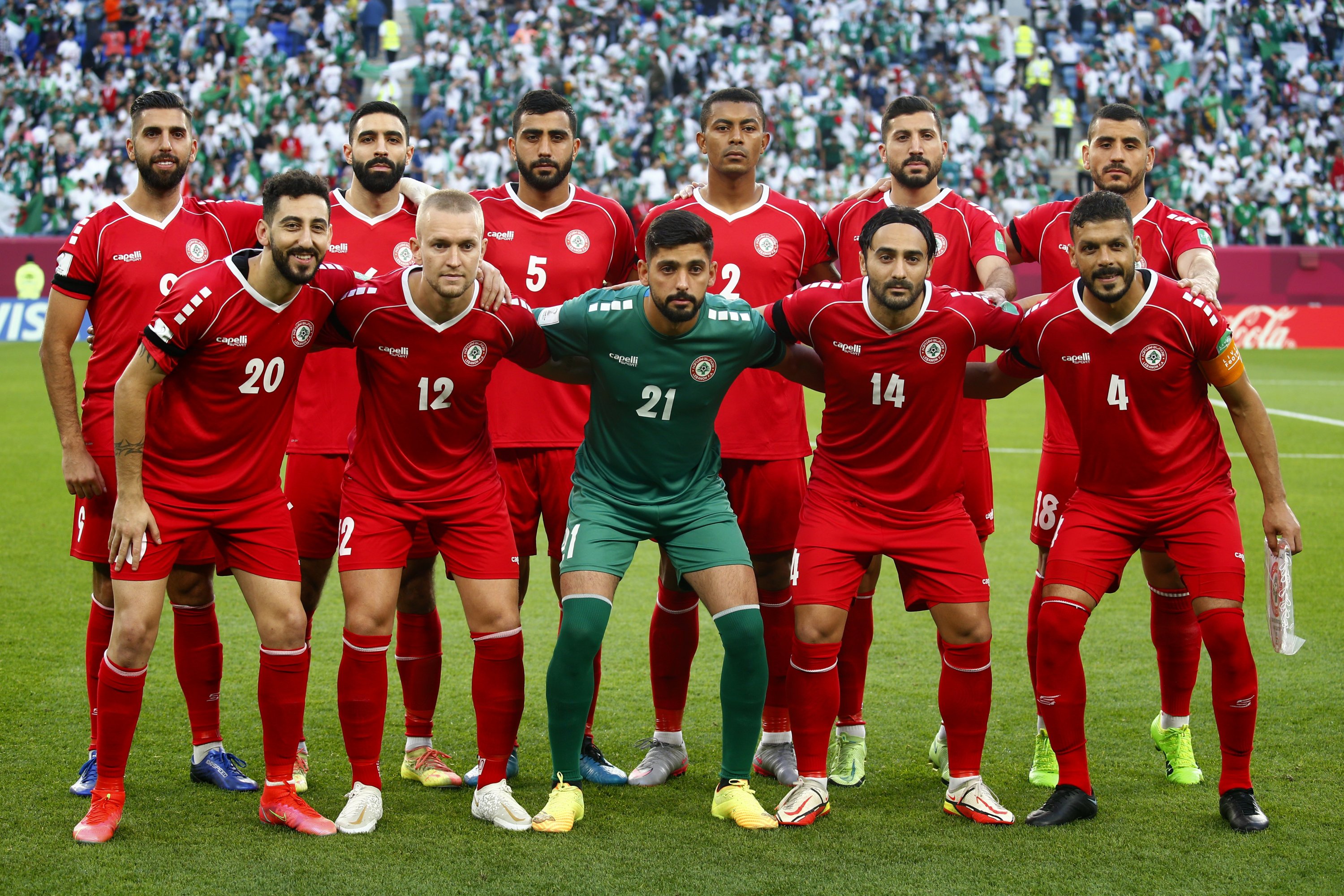 Lebanon players pose for a team group photo before the match against Algeria at the Al-Janoub Stadium, al-Wakrah, Qatar, Dec. 4, 2021. (Reuters Photo)