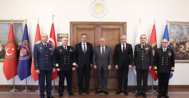 Defense Minister Yaşar Güler (C) receives the Greek delegation led by Haris Lalacos (3rd L), secretary-general of the Greek Foreign Ministry and adviser to the defense minister, in the capital Ankara, Türkiye, Nov. 13, 2023. (DHA Photo)