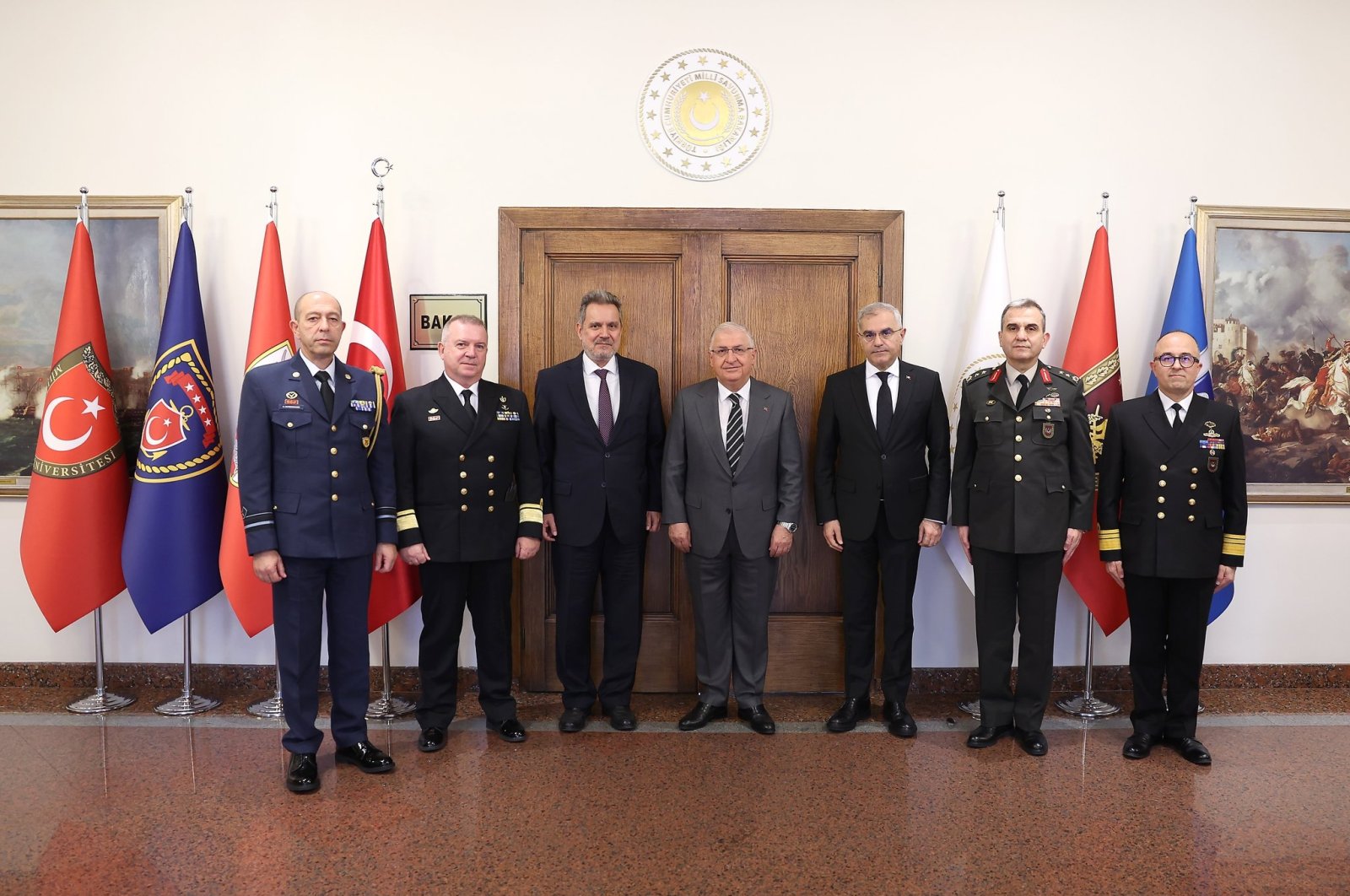 Defense Minister Yaşar Güler (C) receives the Greek delegation led by Haris Lalacos (3rd L), secretary-general of the Greek Foreign Ministry and adviser to the defense minister, in the capital Ankara, Türkiye, Nov. 13, 2023. (DHA Photo)