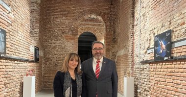 The Ambassador of Peru to Türkiye Cesar De las Casas and his wife pose during the opening of the exhibition, Istanbul, Türkiye, Nov. 9, 2023. (Photo courtesy of Instituto Cervantes)