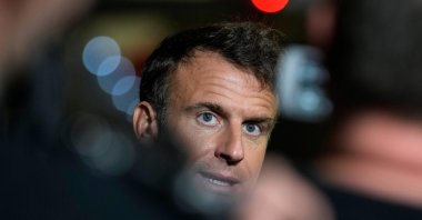 French President Emmanuel Macron answers journalist&#039;s questions on the tarmac of Cairo airport, prior to his departure, Cairo, Egypt, Oct. 25, 2023. (AFP Photo)