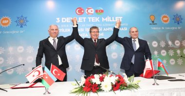 Türkiye&#039;s Justice and Development Party&#039;s (AK Party) Deputy Chairman Efkan Ala (L), New Azerbaijan Party&#039;s Deputy Chairperson Tahir Budagov (R) and TRNC&#039;s National Unity Party (UBP) Chairperson and Prime Minister Üstel (C) pose after signing a political cooperation agreement, Lefkoşa (Nicosia), Turkish Cyprus, Nov. 14, 2023. (AA Photo)
