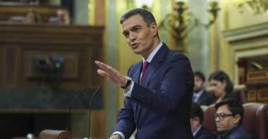 Spain&#039;s acting Prime Minister Pedro Sanchez delivers a speech during the first day of his investiture debate at the Lower House of the Spanish Parliament, Madrid, Spain, Nov. 15, 2023. (EPA Photo)