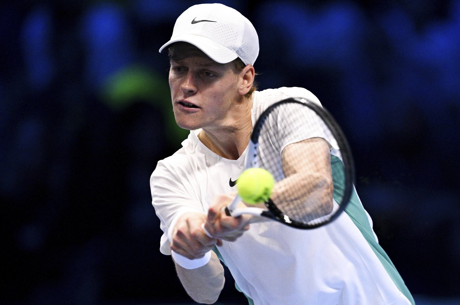 Italy&#039;s Jannik Sinner returns the ball to Serbia&#039;s Novak Djokovic during their singles tennis match of the ATP World Tour Finals at the Pala Alpitour, Turin, Italy, Nov. 14, 2023. (AP Photo)