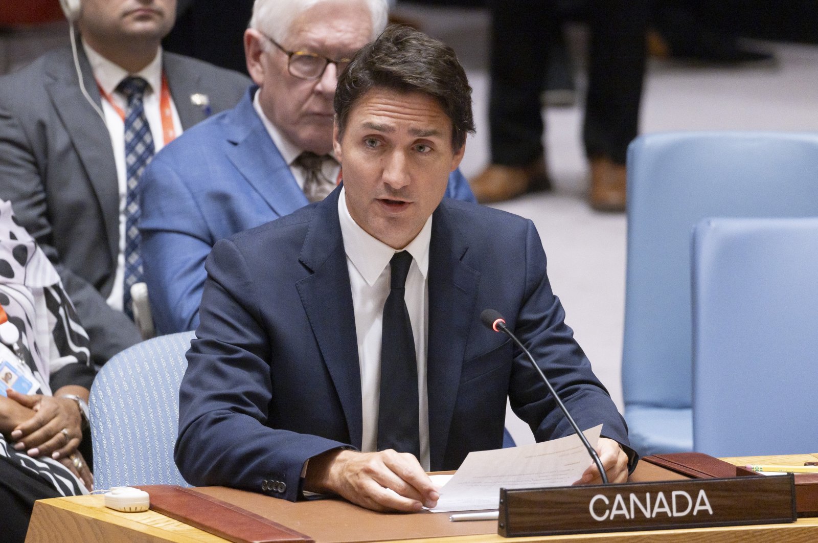 Canada&#039;s Prime Minister Justin Trudeau addresses an U.N. Security Council meeting in New York, U.S., Sept. 20, 2023. (EPA Photo)