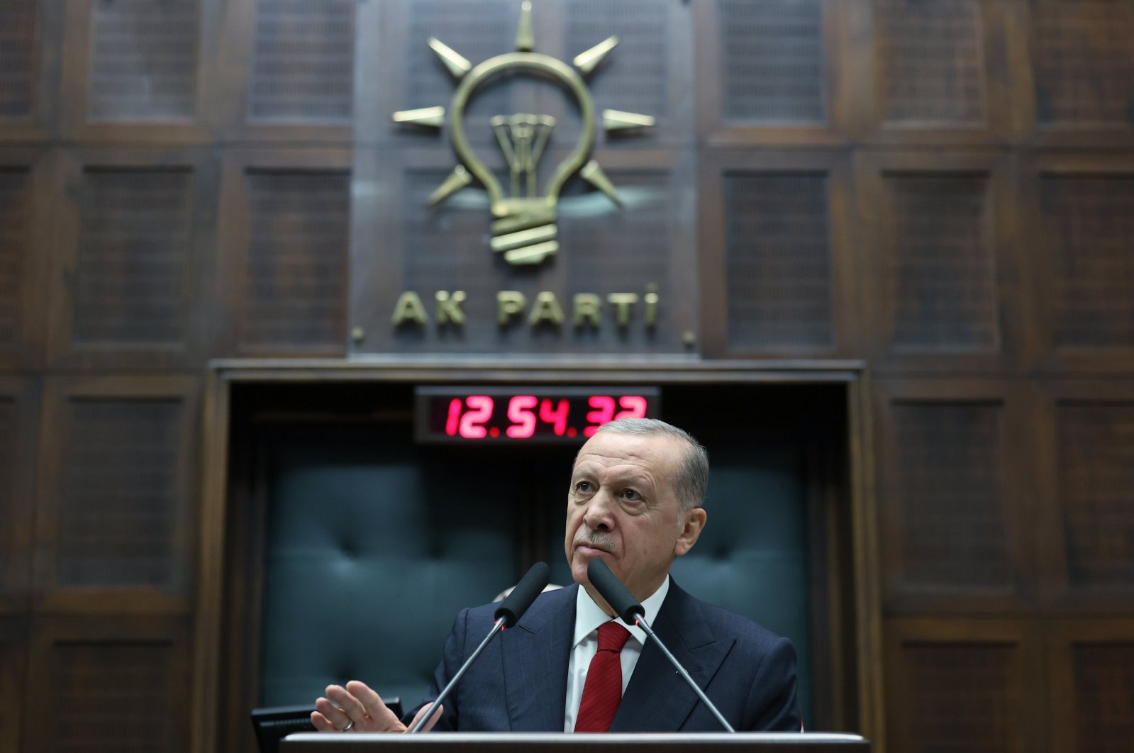 President Recep Tayyip Erdoğan speaks at his ruling Justice and Development Party&#039;s (AK Party) parliamentary meeting in the capital Ankara, Türkiye, Nov. 15, 2023. (AA Photo)