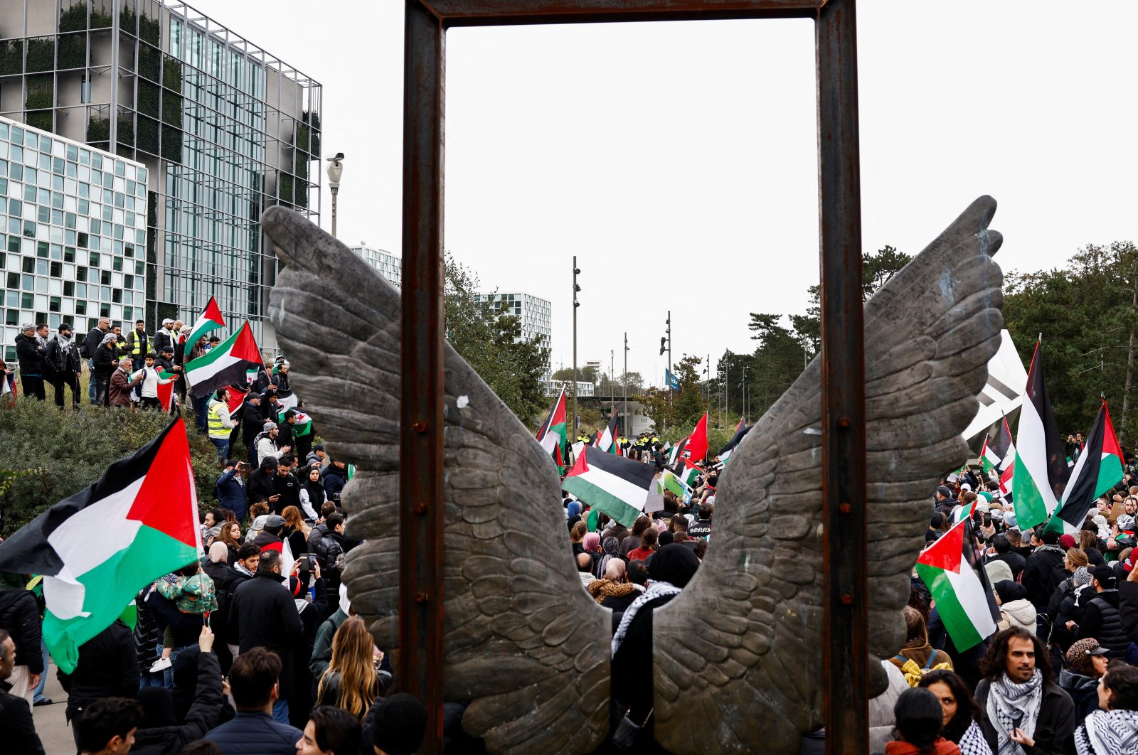 People protest in support of Palestinians in Gaza, at the headquarters of the International Criminal Court (ICC), in The Hague, Netherlands, Oct. 18, 2023. (Reuters Photo)