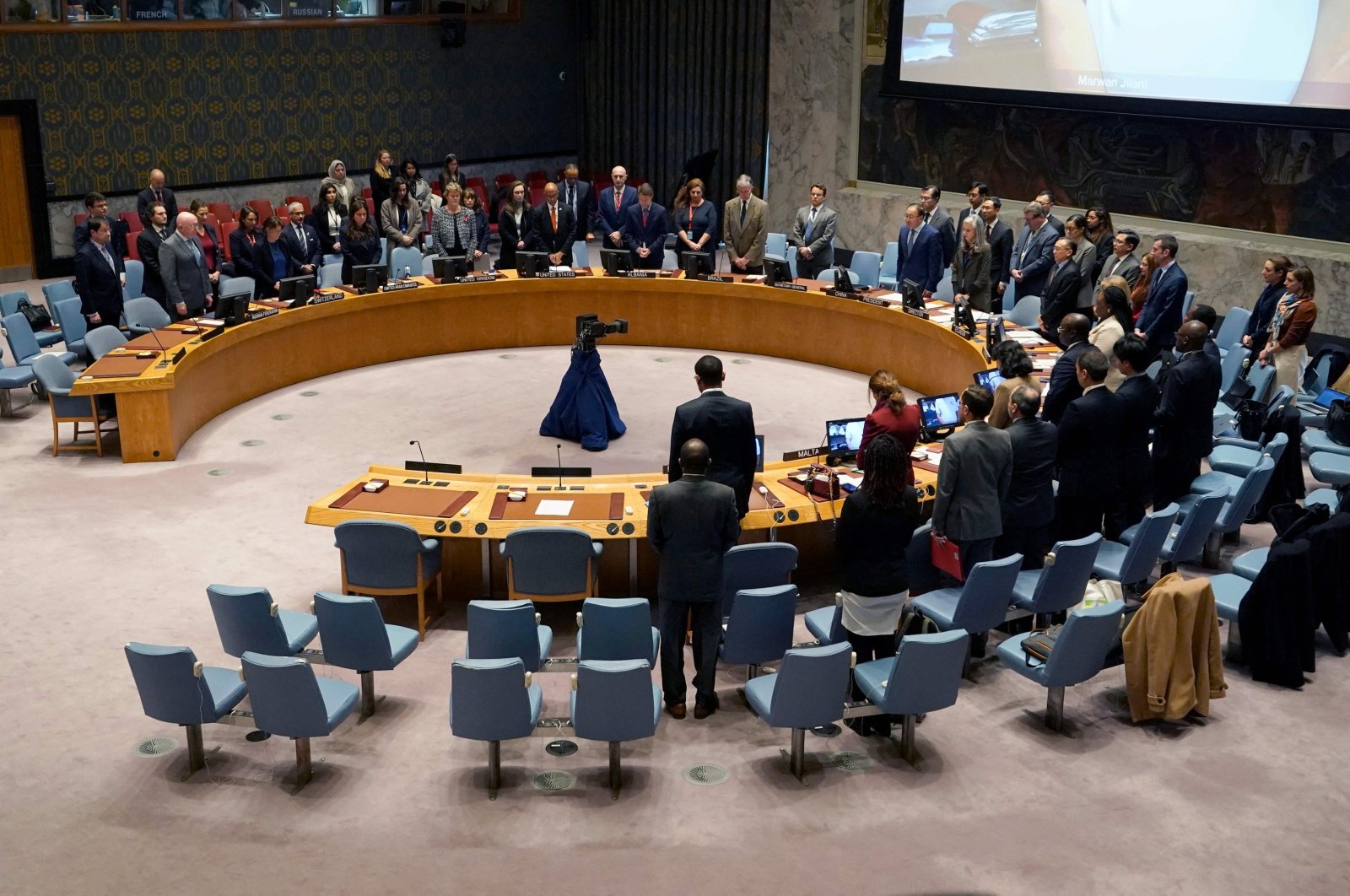 The U.N. Security Council holds a moment of silence before meeting about the Hamas-Israel conflict, on Nov. 10, 2023. (AFP Photo)