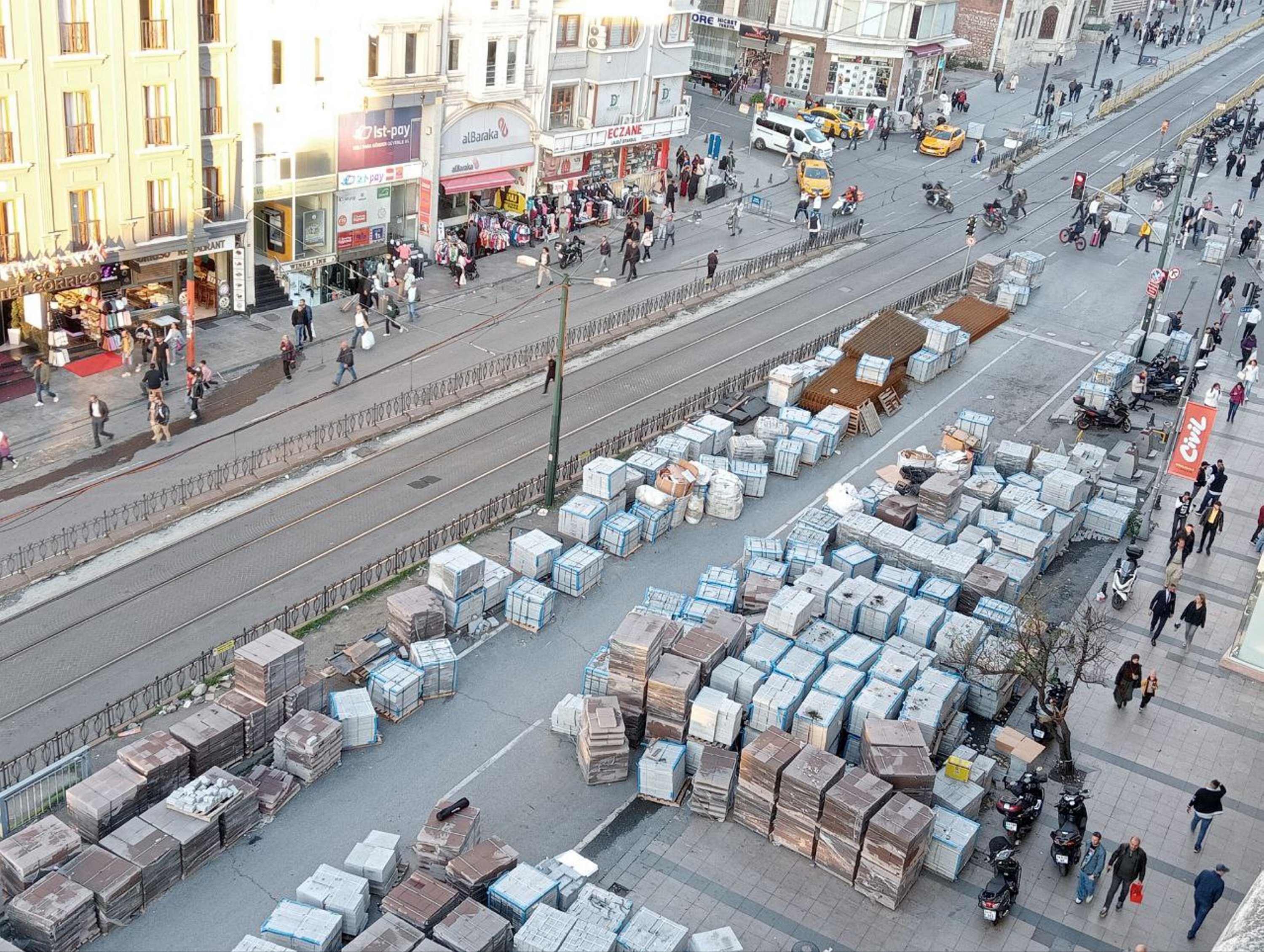 An aerial view of the stones left on Ordu Street in Laleli, Istanbul, Türkiye, Nov. 16, 2023. (AA Photo)