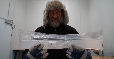 Joergen Peder Steffensen, professor of ice core-related research at the Niels Bohr Institute, University of Copenhagen, holds part of an ice core sample in the University of Copenhagen’s ice core repository in Copenhagen, Denmark, Oct. 26, 2023. (AFP Photo)