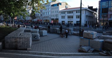 Pedestrians walk through the stones left on the historic Ordu Street in Laleli, Istanbul, Türkiye, Nov. 16, 2023. (AA Photo)