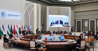 President Recep Tayyip Erdoğan makes a speech at the 16th Economic Cooperation Organization (ECO) Summit in Tashkent, Uzbekistan, Nov. 9, 2023. (Reuters Photo)