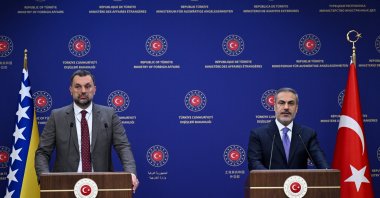 Hakan Fidan (R) speaks at joint news conference with Elmedin Konakovic, in the capital Ankara, Türkiye, Nov. 16, 2023. (AA Photo)