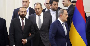 Russian Foreign Minister Sergey Lavrov (C), Armenian Foreign Minister Ararat Mirsojan (L) and Azerbaijani Foreign Minister Jeyhun Bayramov (R) arrive at a meeting, in Tehran, Iran, Oct. 23, 2023. (EPA Photo)