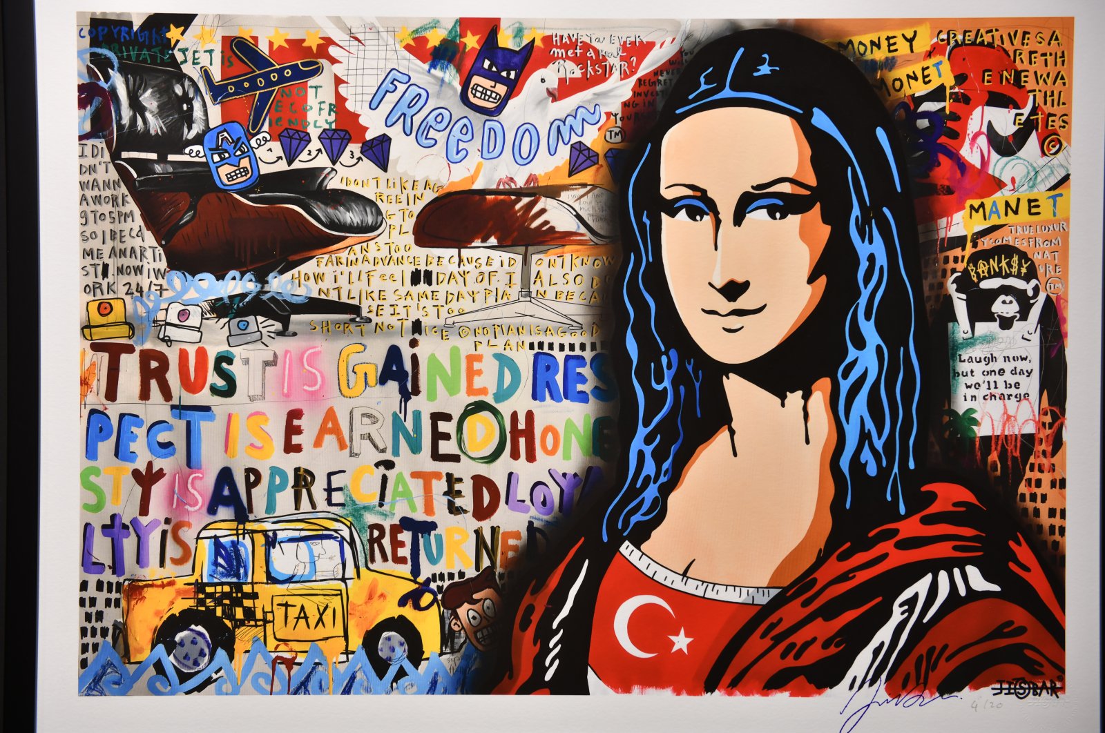 An artwork by Pop artist Jisbar shows the Mona Lisa with a Turkish flag, Istanbul, Türkiye, Nov. 11, 2023. (Photo courtesy of Kalyon Kültür)