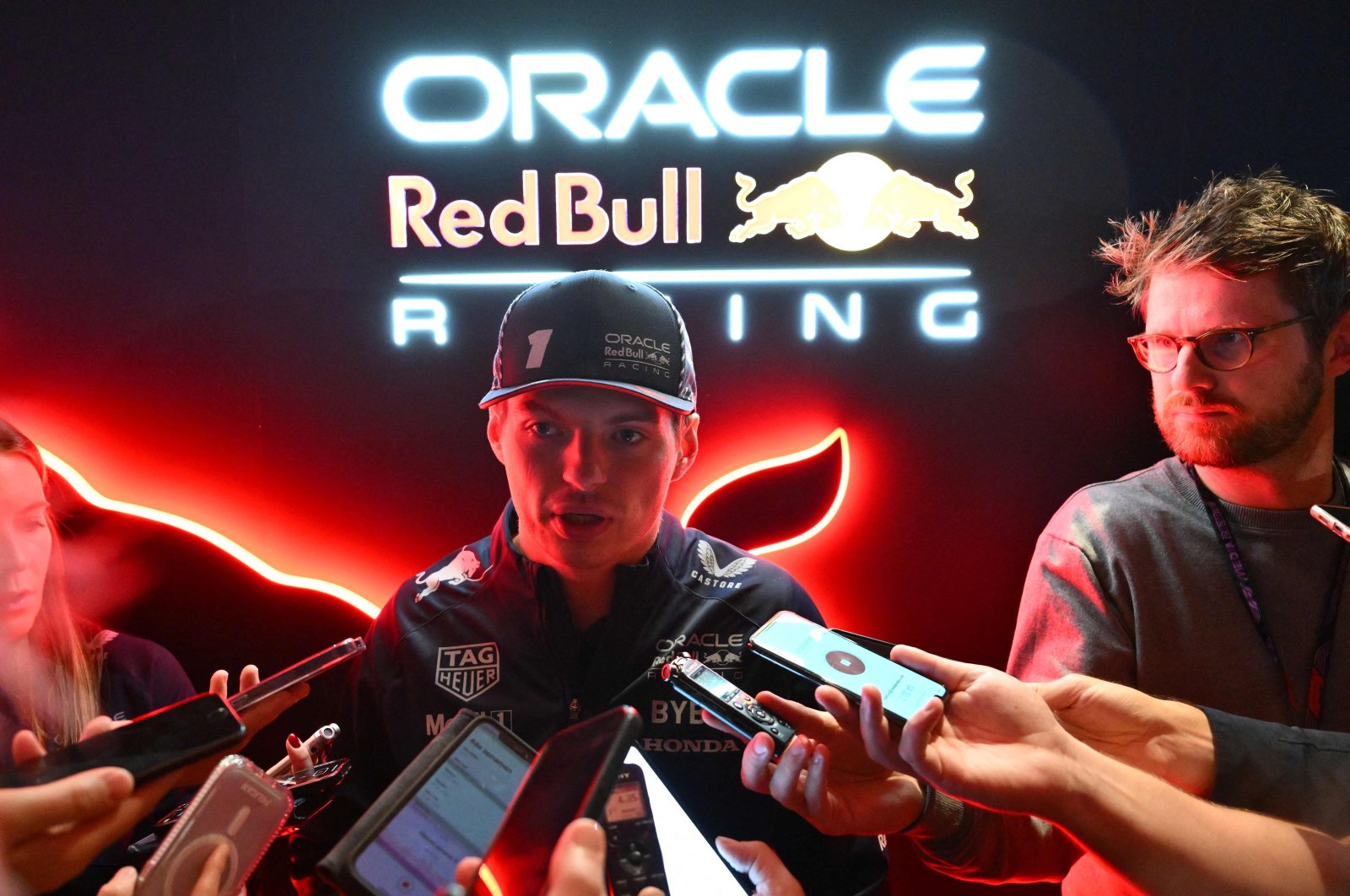 Red Bull Racing&#039;s Dutch driver Max Verstappen speaks to the press after the opening ceremony for the Las Vegas Grand Prix, Las Vegas, U.S., Nov. 15, 2023. (AFP Photo) 