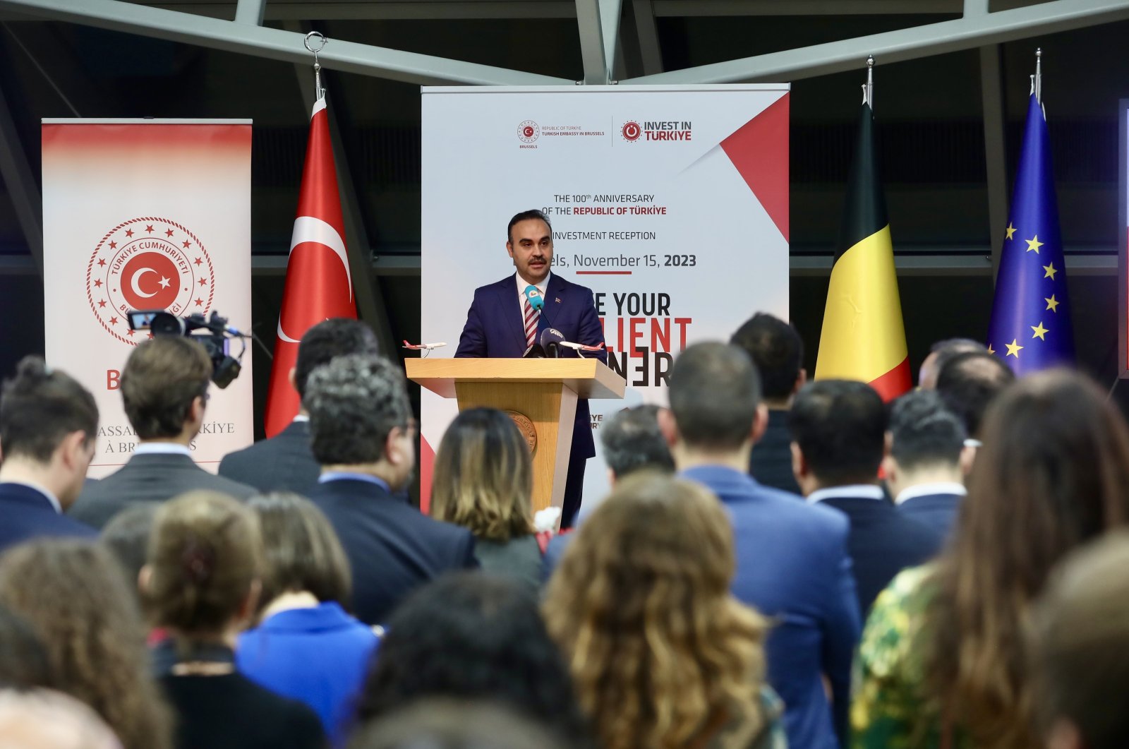 Industry and Technology Minister Mehmet Fatih Kacır delivers a speech during a reception, Brussels, Belgium, Nov. 16, 2023. (AA Photo)