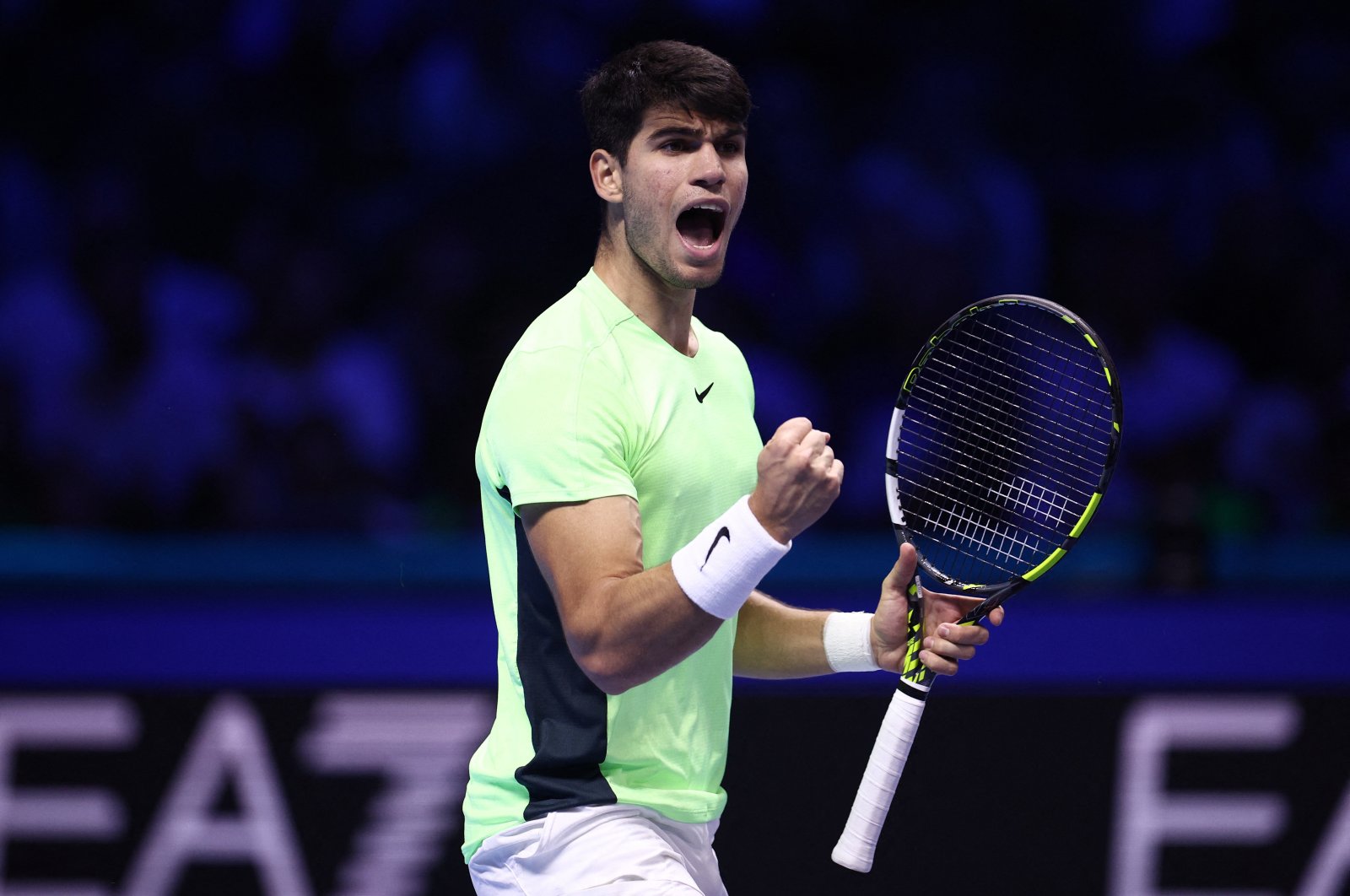 Spain&#039;s Carlos Alcaraz reacts during ATP Finals his group stage match against Russia&#039;s Andrey Rublev at the Pala Alpitour, Turin, Italy, Nov. 15, 2023. (Reuters Photo) 