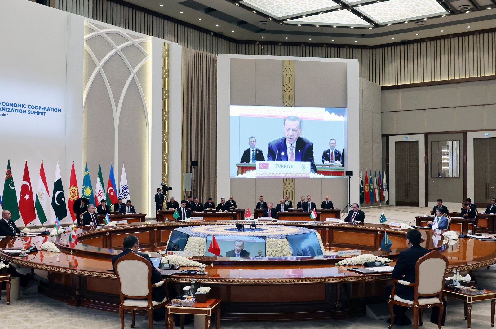 President Recep Tayyip Erdoğan makes a speech at the 16th Economic Cooperation Organization (ECO) Summit in Tashkent, Uzbekistan, Nov. 9, 2023. (Reuters Photo)