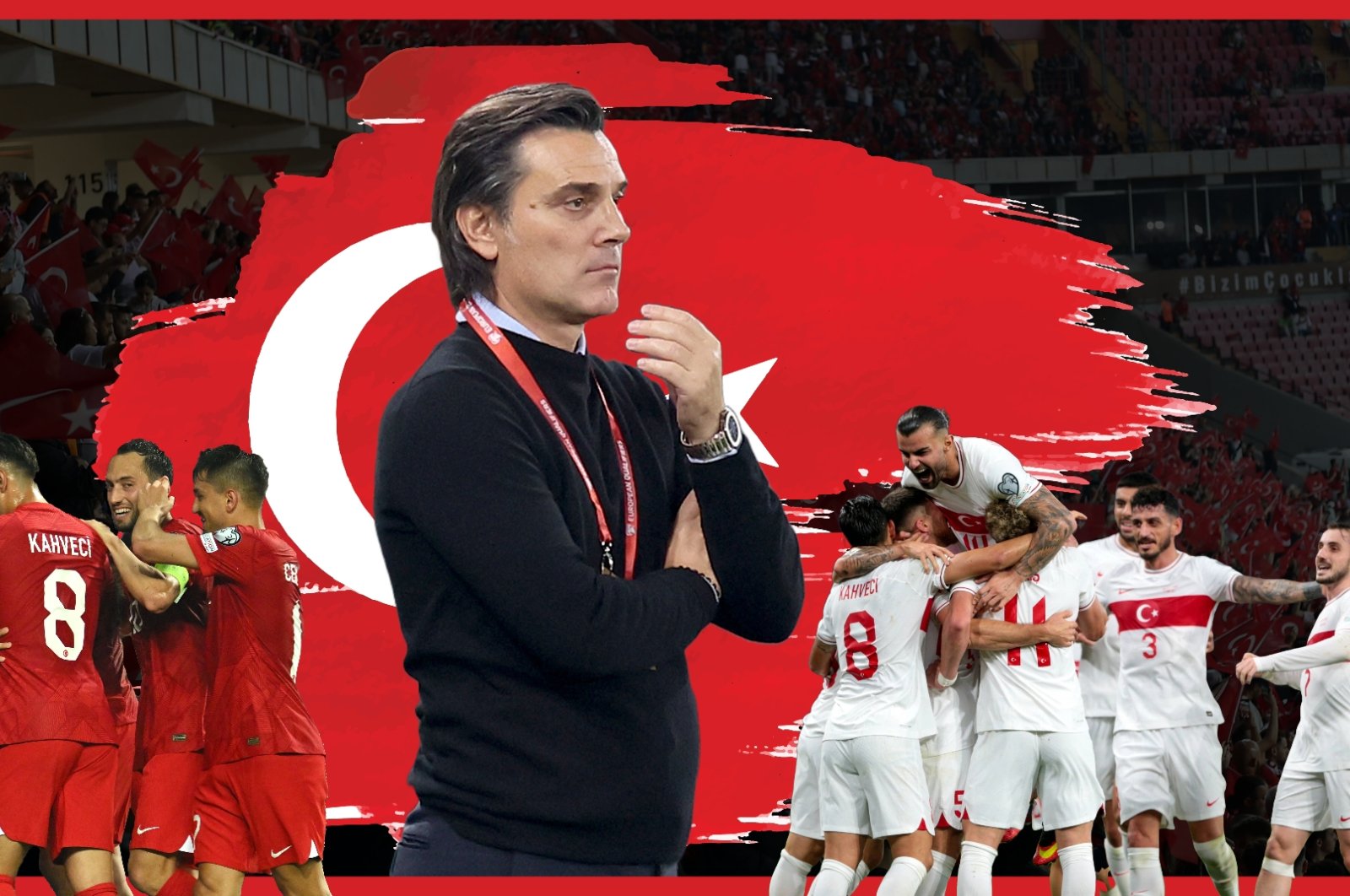 The illustration shows the Turkish football national team and coach Vincenzo Montella (C). (Illustration by Mehmet Mücahit Yılmaz)