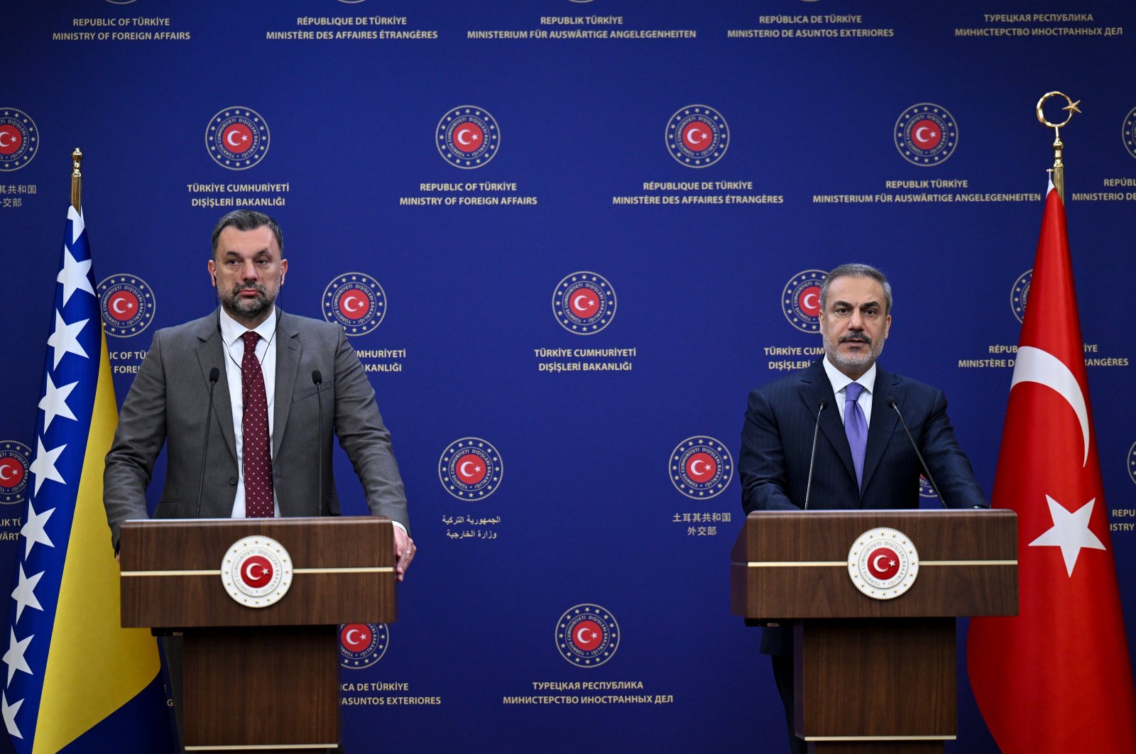 Hakan Fidan (R) speaks at joint news conference with Elmedin Konakovic, in the capital Ankara, Türkiye, Nov. 16, 2023. (AA Photo)