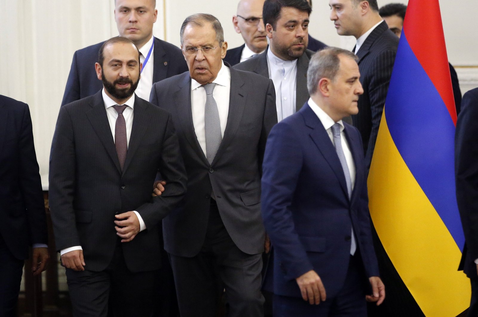 Russian Foreign Minister Sergey Lavrov (C), Armenian Foreign Minister Ararat Mirsojan (L) and Azerbaijani Foreign Minister Jeyhun Bayramov (R) arrive at a meeting, in Tehran, Iran, Oct. 23, 2023. (EPA Photo)