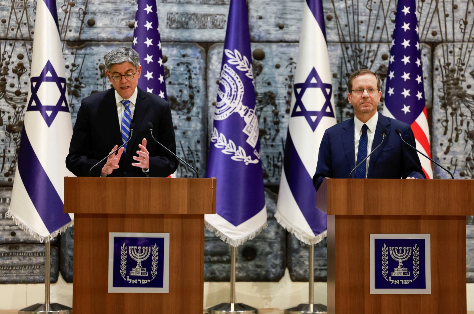 Newly appointed U.S. Ambassador to Israel Jacob J. Lew attends a ceremony presenting his diplomatic credentials to Israeli President Isaac Herzog, west Jerusalem, Israel, Nov. 5, 2023. (Reuters Photo)