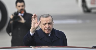 President Recep Tayyip Erdoğan waves as he departs for Germany, in the capital Ankara, Türkiye, Nov. 17, 2023. (AA Photo)