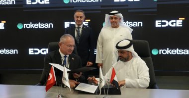 The signing ceremony of the cooperation between Roketsan and EDGE Group was held with the participation of Roketsan Advanced Technologies and Systems Deputy General Manager Cenk Önen (front L), Roketsan Market Development and Promotion Director Mustafa Odabaş (back L) and EDGE Group officials, Dubai, United Arab Emirates, Nov. 16, 2023. (AA Photo)