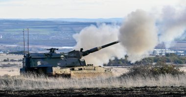 A PzH 2000 155 mm self-propelled howitzer participates in a live fire drill during the Bakonykut station of the Adaptive Hussars 2023 multinational domestic military exercise with the participation of NATO forces in Bakonykut, Hungary, Nov. 16, 2023.  (EPA Photo)