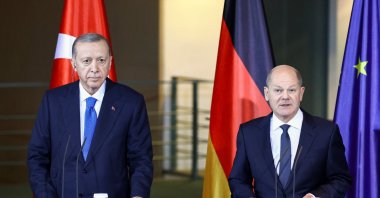 President Recep Tayyip Erdoğan and German Chancellor Olaf Scholz attend a news conference at the Chancellery in Berlin, Germany, Nov.17, 2023. (Reuters Photo)