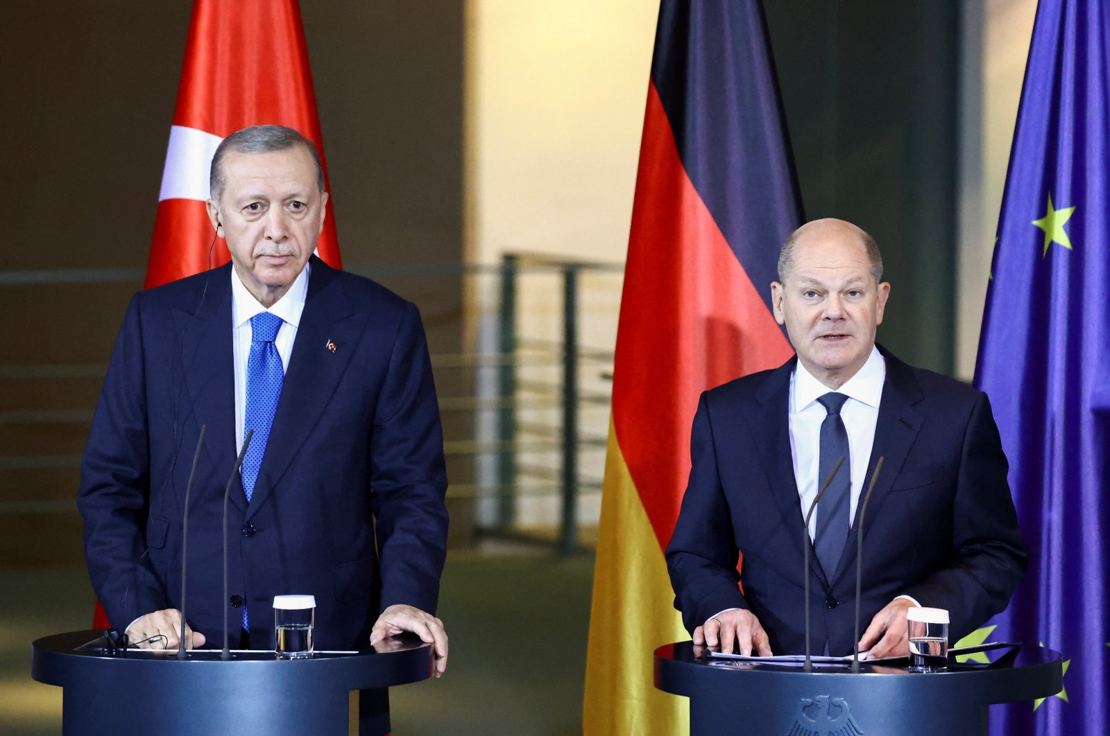 President Recep Tayyip Erdoğan and German Chancellor Olaf Scholz attend a news conference at the Chancellery in Berlin, Germany, Nov.17, 2023. (Reuters Photo)