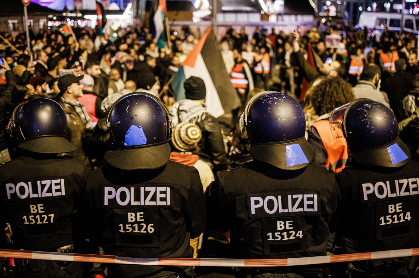 Police officers with helmets stand guard during a protest in solidarity with Palestinians, in Berlin, Germany, Nov. 4, 2023. (EPA File Photo)