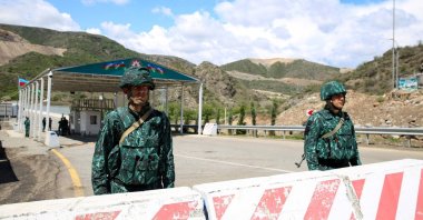 A view of an Azerbaijani checkpoint recently set up at the entry of the Lachin corridor, May 2, 2023. (AFP Photo)