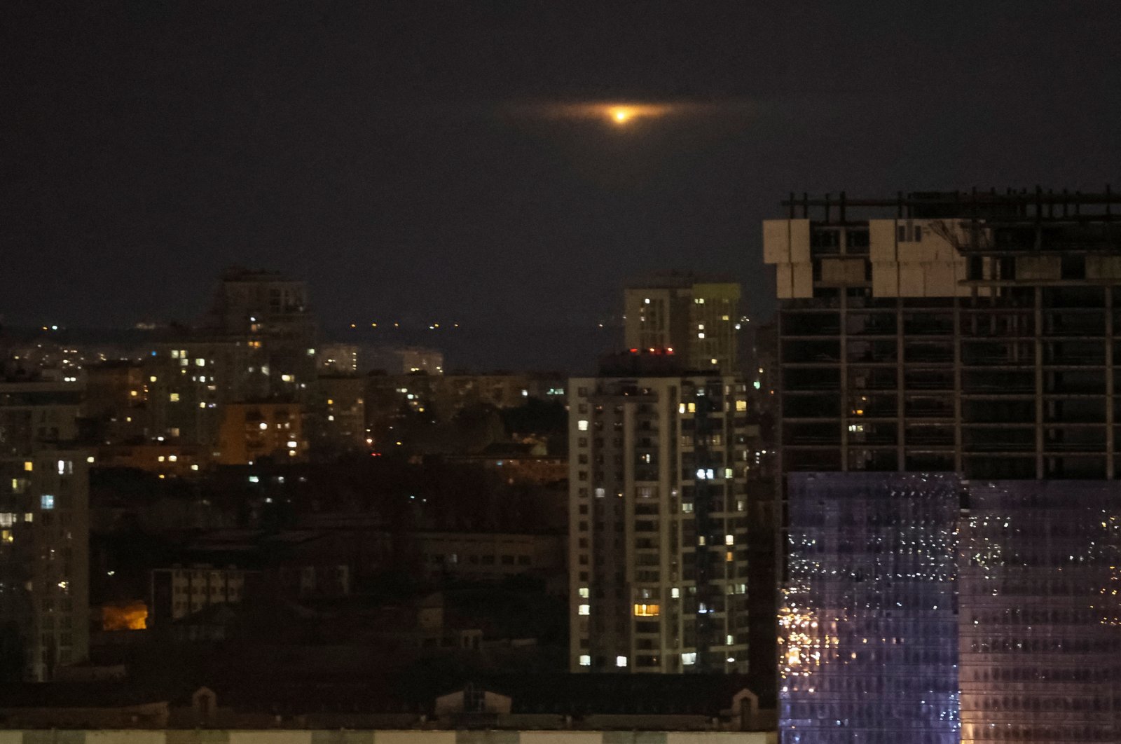 An explosion of a drone is seen in the sky over the city during a Russian drone strike, amid Russia&#039;s attack on Ukraine, Kyiv, Ukraine, Nov. 19, 2023. (Reuters Photo)