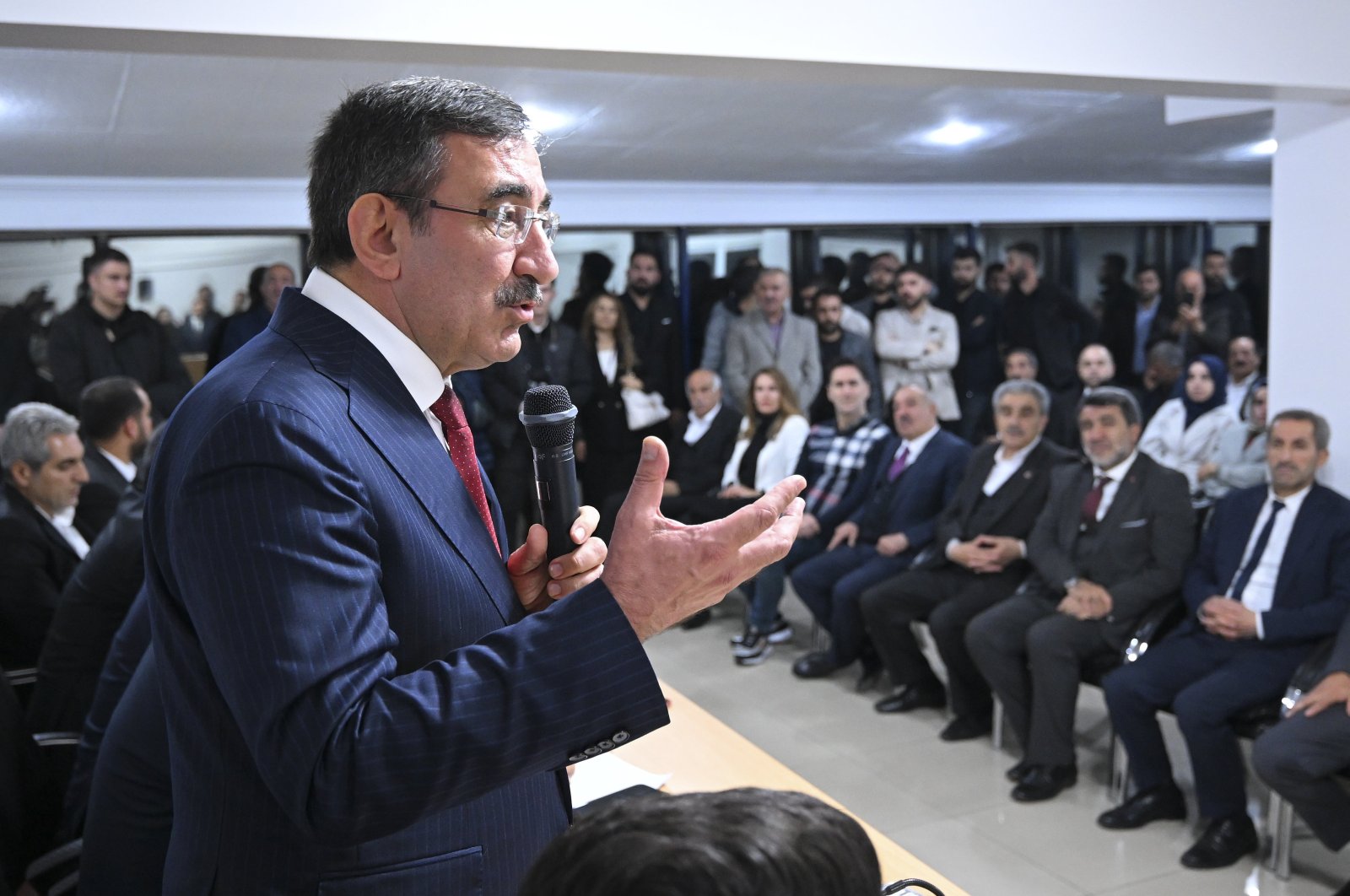 Vice President Cevdet Yılmaz delivers a speech during an official visit to the regional headquarters of the ruling Justice and Development Party (AK Party) in Bingöl, eastern Türkiye, Nov. 17, 2023. (AA Photo)
